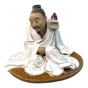 Shiwan Chinese Mudman Lotus Flower White Robe Porcelain Figurine Zhou Dunyi Poet